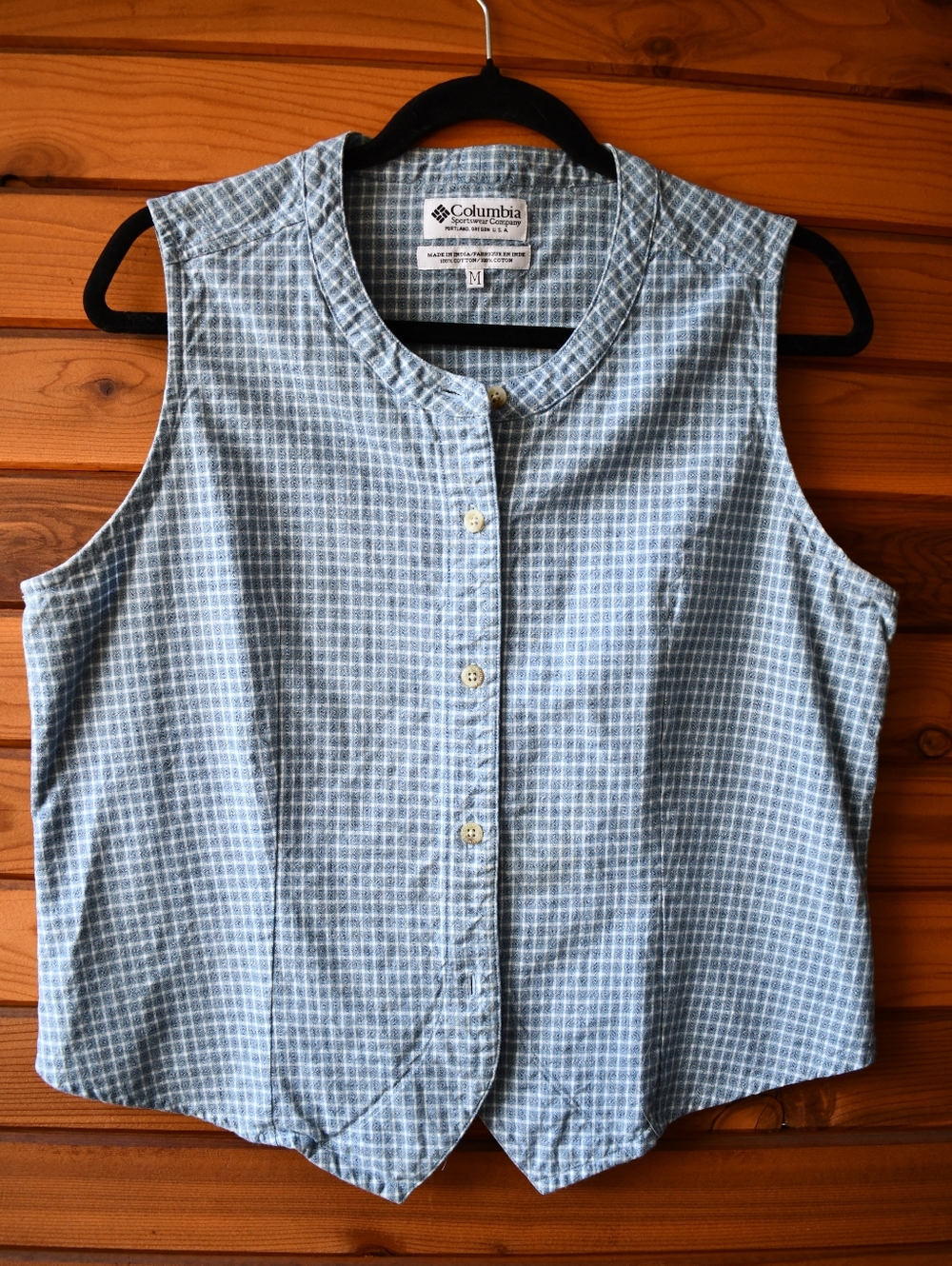 Vintage Columbia Plaid Button-Up 100% Cotton Shirt Vest Green Navy & White